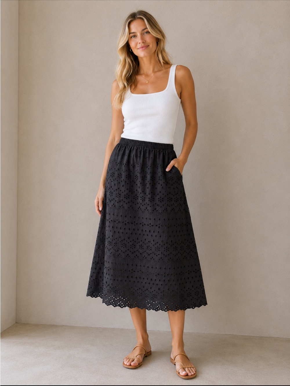 H&M Black Eyelet Midi Skirt